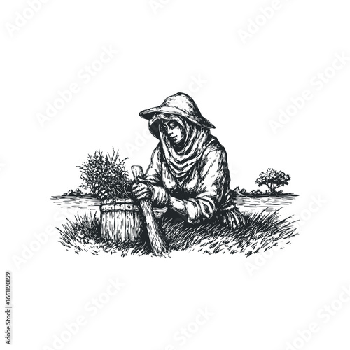 Person tending to plants outdoors with a digging tool and wooden pail