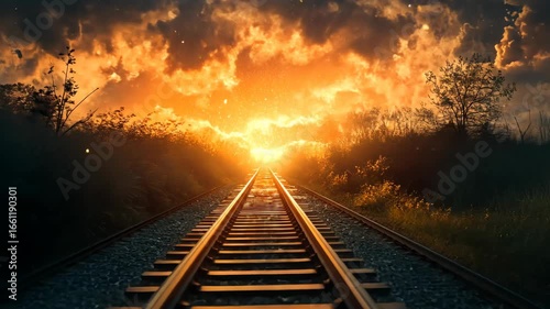 Fiery Sunset Over Railroad Tracks Journey into the Golden Hour.