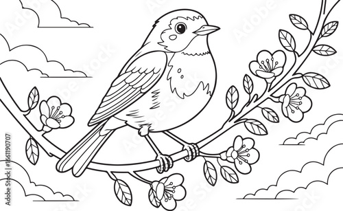 Hand-drawn Bird on Branch with Flowers, Black and White Wildlife Illustration for Nature Themes