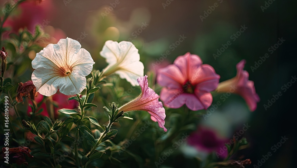 Obraz premium Delicate, vibrant petunia blooms in a sunlit garden, soft focus