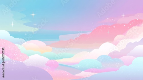 A serene pastel sky with fluffy clouds in soft pinks, purples, blues, and whites,