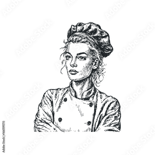 Hand Drawn Sketch of a Determined Female Chef in Uniform