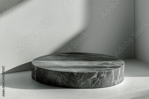 Elegant Round Marble Display Stand in Minimalist Interior Setting With Soft L...