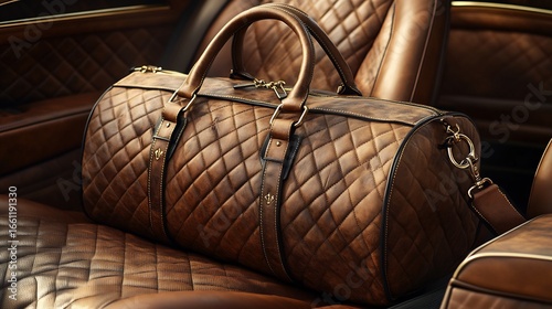 Luxury duffel bag with soft leather and gold accents placed on a high end car seat emphasizing elegance and premium quality for sophisticated travel and business trips