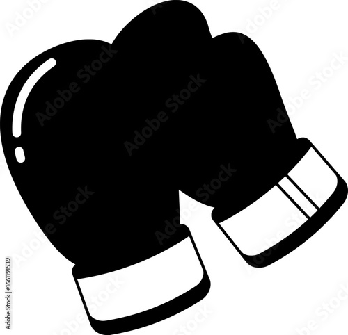 Close up of a pair of black boxing gloves with white cuffs, ready for a fight
