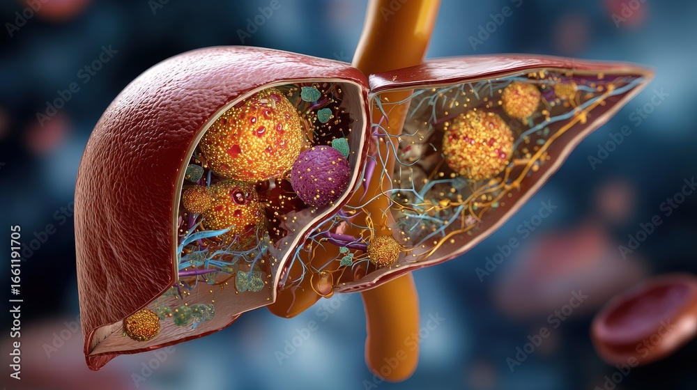 Fototapeta premium Medical illustration showing the process of liver fibrosis resulting from chronic fatty liver disease inflammation