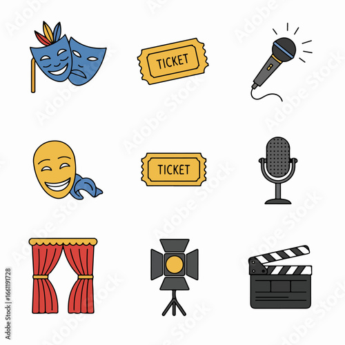 Colorful vector icons for entertainment, theatre, and film, featuring masks, tickets, microphones, stage elements, and production tools.
