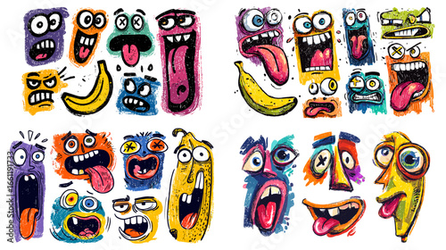 Playful cartoon illustration of abstract faces with exaggerated expressions in bold colors. Creative modern doodle artwork ideal for humor, character design, and pop art projects.