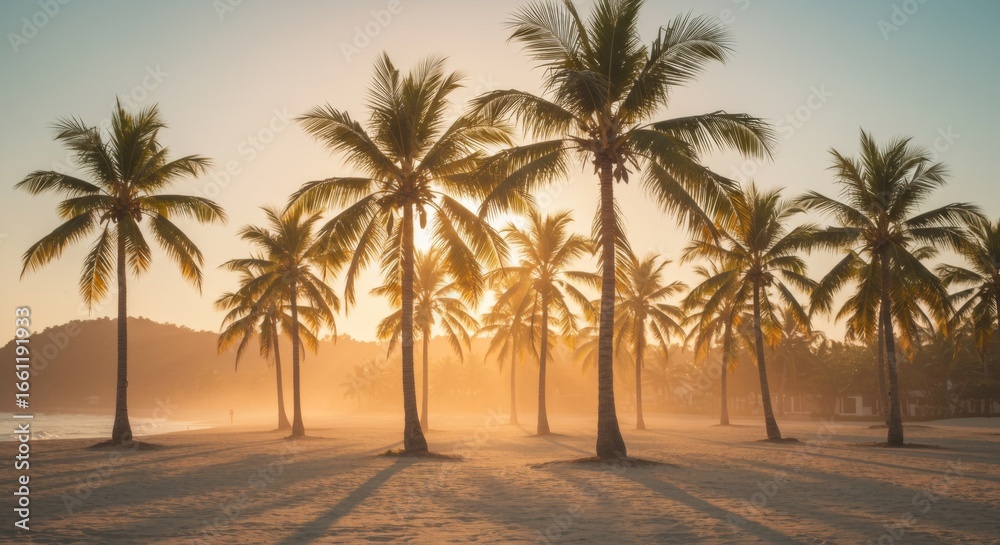 Obraz premium Golden Hour Sunset on Tropical Beach with Palm Trees