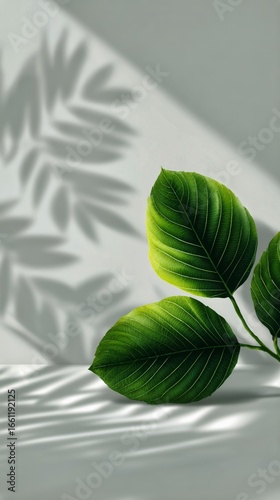 Green Plant Casting Shadows on a Textured Wall at Midday in a Bright Interior...