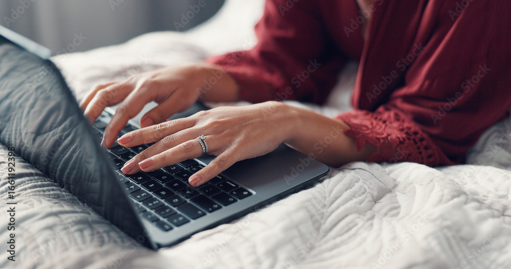 Fototapeta premium Hands, typing and person with laptop, bedroom and creative for freelance email marketing on website. Online, copywriter and employee with tech for project, remote work and editing article in house