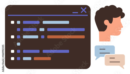 Code editor with highlighted lines, a person, and speech bubbles representing programming, teamwork, coding discussions. Ideal for software development, debugging, collaboration, communication