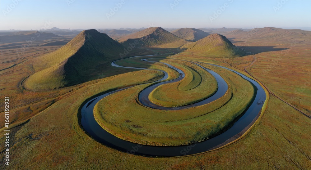 Fototapeta premium Serpentine river winds through rolling hills