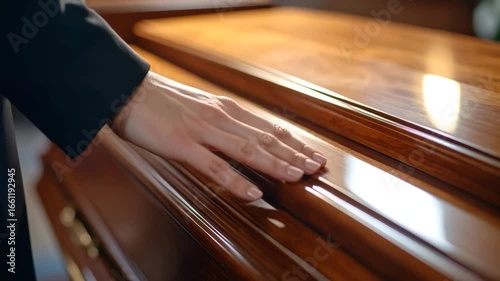 Hand touching polished wooden casket