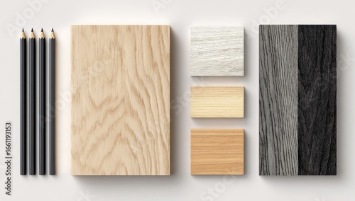 Wood samples, pencils, and color swatches on white surface