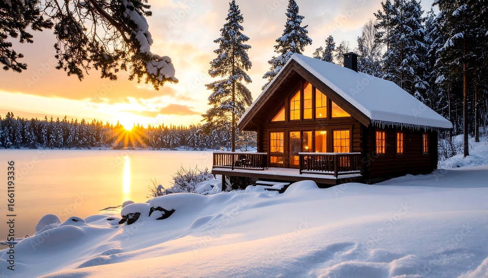 Fototapeta premium Winter cabin on snowy lakeside at sunset