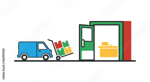 Delivery van unloading boxes into a warehouse.