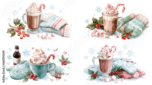Cozy watercolor illustration of hot chocolate with whipped cream and candy cane on winter background. Perfect for Christmas cards, cafe menu, and holiday beverage design.