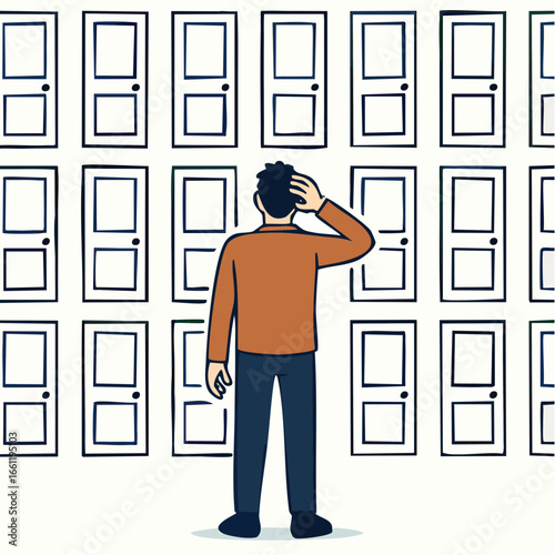 Man stands before many identical doors, overwhelmed by choice