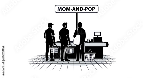 Three customers stand in line at a Mom-and-Pop store checkout counter.