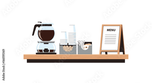 Coffee shop counter with coffee maker, cups, and menu board illustration.