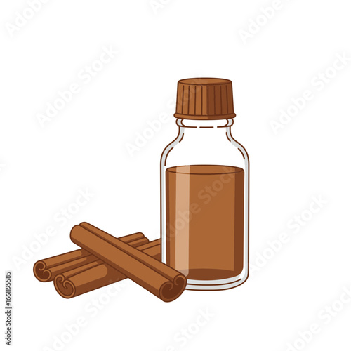Cinnamon sticks and bottle of cinnamon extract on white background  