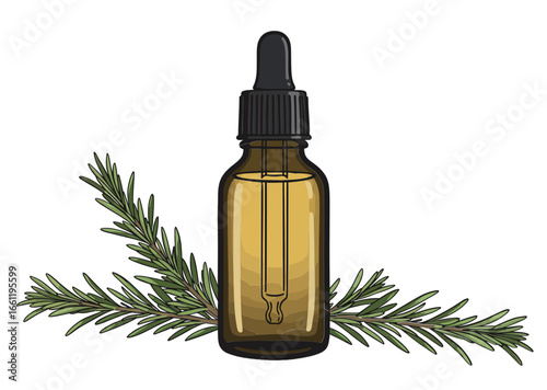 Essential oil bottle with dropper and green pine leaves  