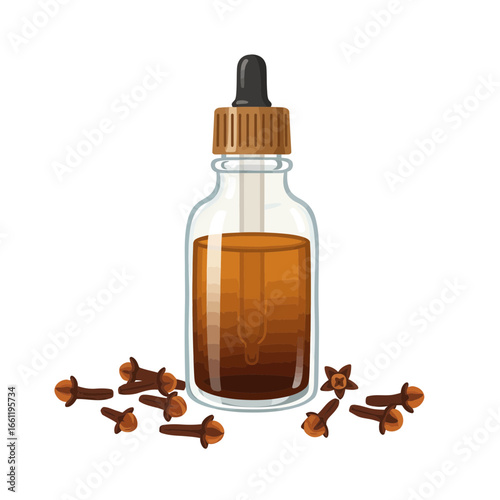 Clove essential oil bottle with cloves on white background  