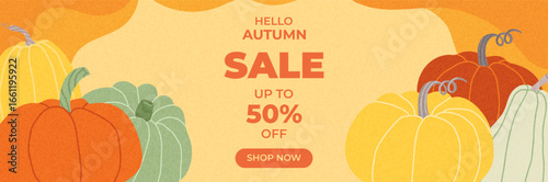 Elegant banner with hand drawn pumpkins in warm retro colors. Seasonal artwork for printable banners, posters, and thanksgiving content