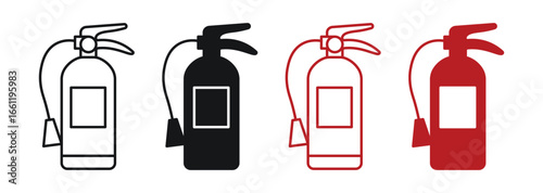 Fire extinguisher icons set in black filled and stroke line style, vector illustration .