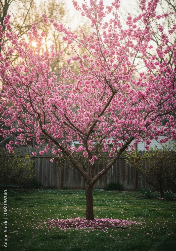 Naklejka premium Pink Cherry Tree in Full Bloom at Sunset
