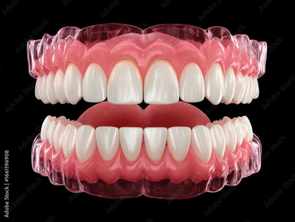 Obraz premium 3D model of a full mouth with teeth and gums, clear retainer