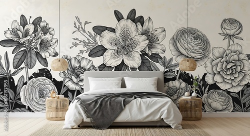 Ai generated image of monochrome floral wallpaper with bold graphic flowers in a bedroom