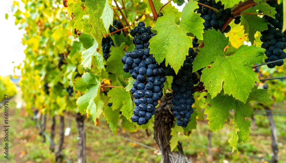Obraz premium Clusters of ripe dark grapes on vines