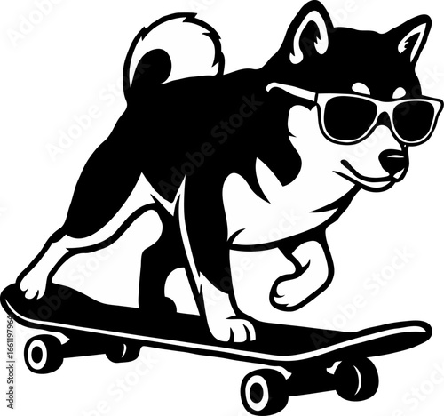 Shiba Inu Dog on Skateboard with Sunglasses
