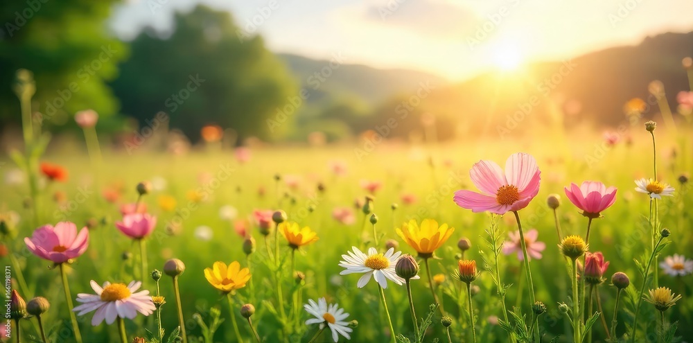 Obraz premium A serene, sun-drenched field of wildflowers gently swaying in the breeze, a peaceful summer scene Perfect for nature, travel, or relaxation themed projects , wallpaper, element