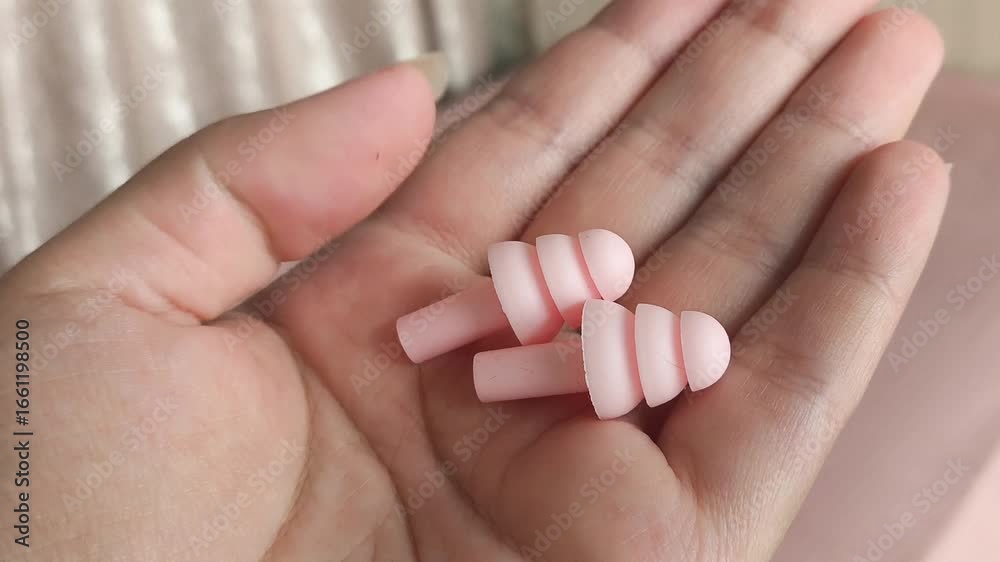 Close up of female hands and pink earplugs. Woman holding a box of earplugs. Light background. Close up of female hands and pink earplugs. Woman holding a box of earplugs. Light background.