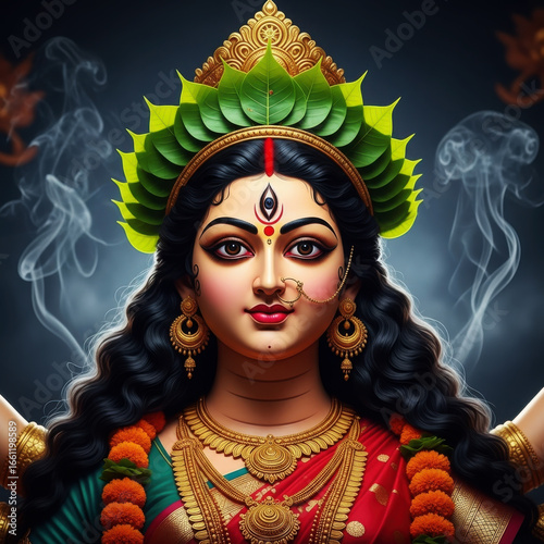 Divine Hindu Goddess Adorned With Golden Jewelry And Green Leaves Hinduism Religion