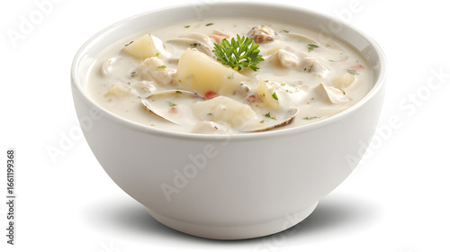 Wallpaper Mural Creamy Clam Chowder in White Bowl with Fresh Ingredients and Herbs on White Background Torontodigital.ca
