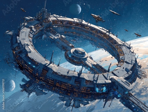 Fototapeta Naklejka Na Ścianę i Meble -  Futuristic space station with a ring design, ships nearby, planets visible in background