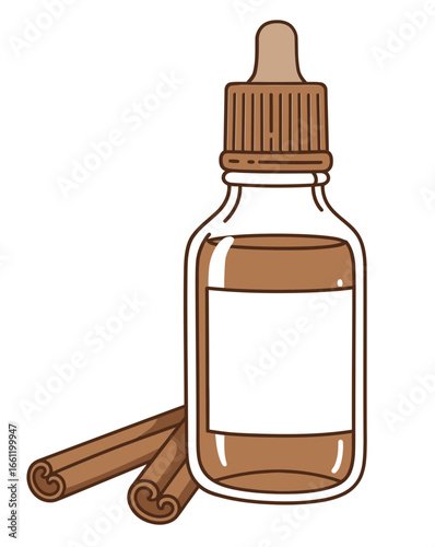 Cinnamon essential oil bottle with cinnamon sticks on white background  
