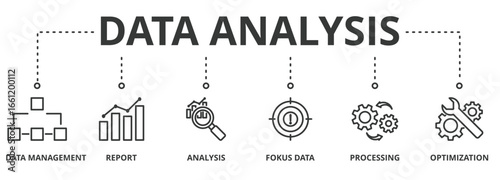 Data analysis banner vector illustration concept with icon of data management, report, analysis, focus data, processing and optimization