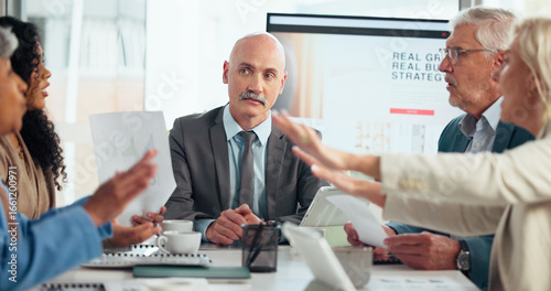 Tableau sur toile Discussion, documents and meeting with business people in office boardroom for growth or strategy