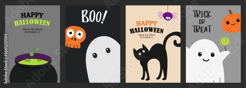 Happy halloween greeting card or party invitation template background. Halloween illustration with bat, pumpkin, ghost, spider, hat, cauldron, Poison bottle.