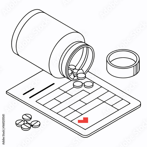 Prescription pills spill from bottle onto medical document with red corner marker