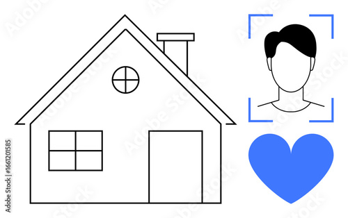 House outline, human face with recognition frame, and heart illustrate smart home, safety, personalization, and comfort. Ideal for technology, AI, security home automation privacy innovation