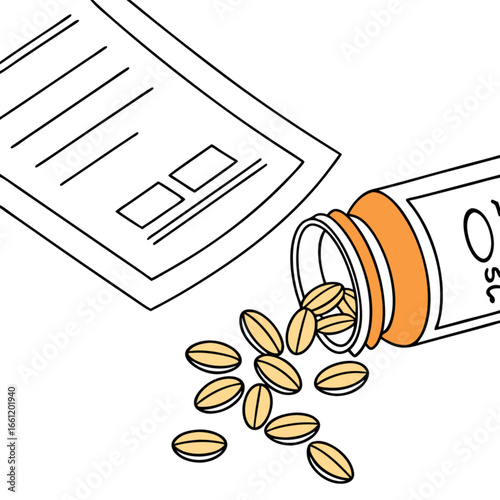 Illustration of a bottle of pills and a prescription with pills spilling out