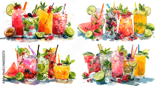 Collection of refreshing watercolor summer cocktails with fruits, ice, and mint leaves. Vibrant bar drink design ideal for tropical, party, or beverage-themed artwork and advertising.