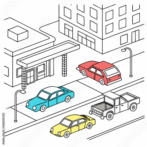 Isometric view of a street with cars and a bus stop in a city