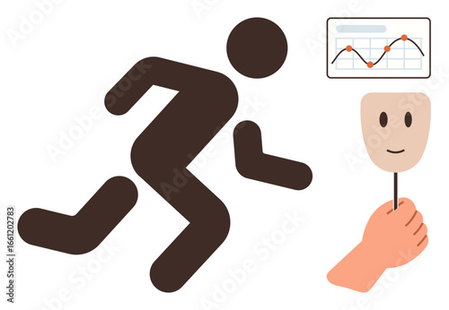 Running figure with stick face mask held by hand, paired with line chart. Ideal for mental health, identity, analytics, duality of emotion, psychology, personal growth self-improvement themes. A